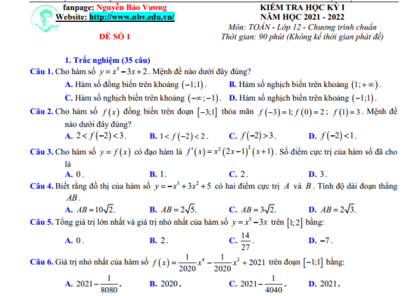 Đề minh họa số 5 học kì 1 Toán lớp 12 năm 2021 - 2022  có đáp án