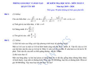 Đề thi học kì 2 môn toán lớp 9 Quận Tây Hồ  2019 - 2020 có đáp án