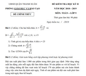 Đề thi học kì 2 môn toán lớp 9 Quận Thanh Xuân 2018 -  2019 có đáp án