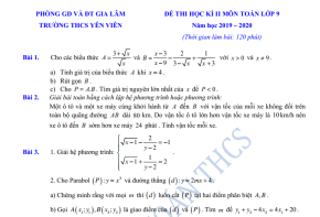 Đề thi học kì 2 môn Toán lớp 9 THCS Yên Viên  2019  - 2020 có đáp án